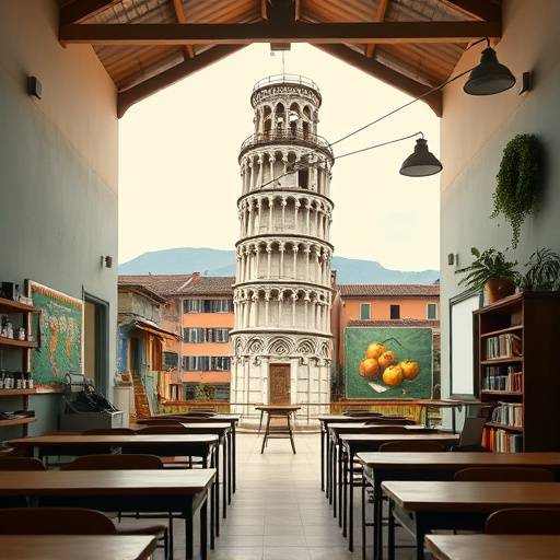 La Torre de Pisa, Italia, en el fondo de una clase de italiano